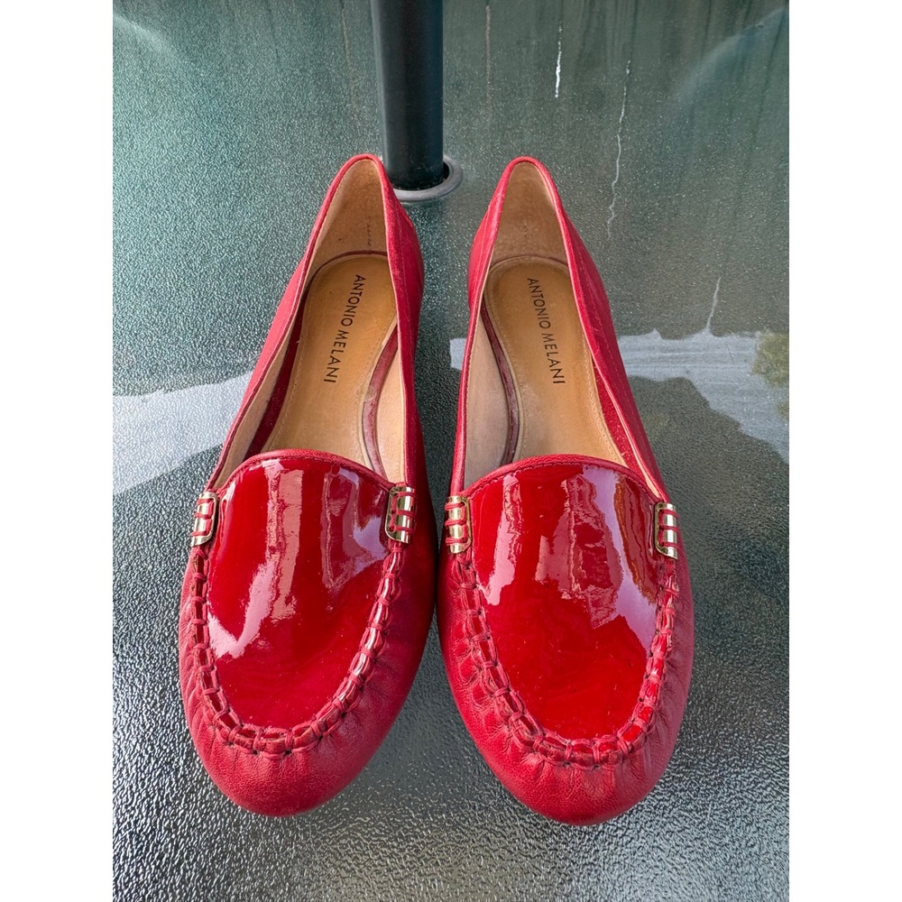 Antonio Melani Arlene Red Leather Patent Moc Toe Loafers Flats 6M Pop Of Red